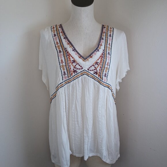 Knox Rose Blouse White Embroidered V Neck Short Sleeve Boho Popover Womens XXL - Picture 6 of 14